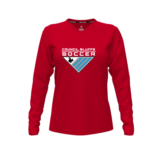 [CUS-DFW-TEES-CMF-VNK-LSL-RED-FYXS-LOGO1] Comfort T-Shirt (Female Youth XS, Red, V Neck, Logo 1, Long Sleeve)