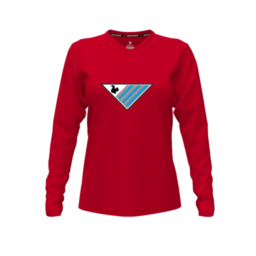 [CUS-DFW-TEES-CMF-VNK-LSL-RED-FYXS-LOGO2] Comfort T-Shirt (Female Youth XS, Red, V Neck, Logo 2, Long Sleeve)