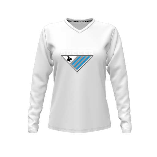 [CUS-DFW-TEES-PER-VNK-LSL-WHT-FYXS-LOGO1] Performance T-Shirt (Female Youth XS, White, V Neck, Logo 1, Long Sleeve)