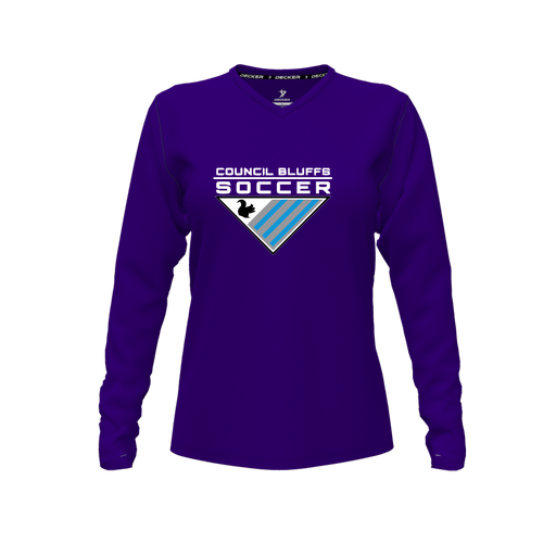 [CUS-DFW-TEES-PER-VNK-LSL-PUR-FYXS-LOGO1] Performance T-Shirt (Female Youth XS, Purple, V Neck, Logo 1, Long Sleeve)
